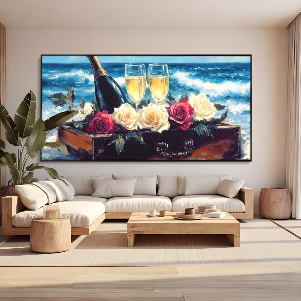 Tablou canvas cu pictura cu sampanie si trandafiri pe malul marii, in rama de aluminiu negru, pe perete intr-un living